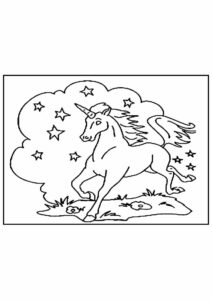 desenho de unicornio correndo sob as estrelas para colorir e pintar