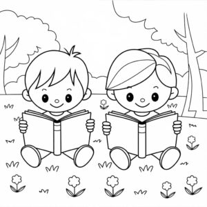 desenho de crianças lendo para crianças para colorir e pintar