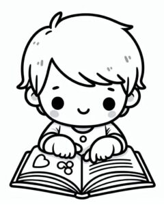desenho de um menino bonito lendo livro infantil para imprimir em pdf