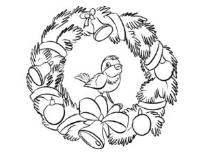 desenho de guirlanda de natal com pássaro para colorir