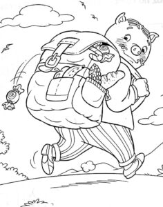 desenho de rabicó com mochila cheia de comida para colorir