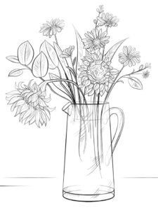 desenho buquê de flores em lindo jarro para colorir