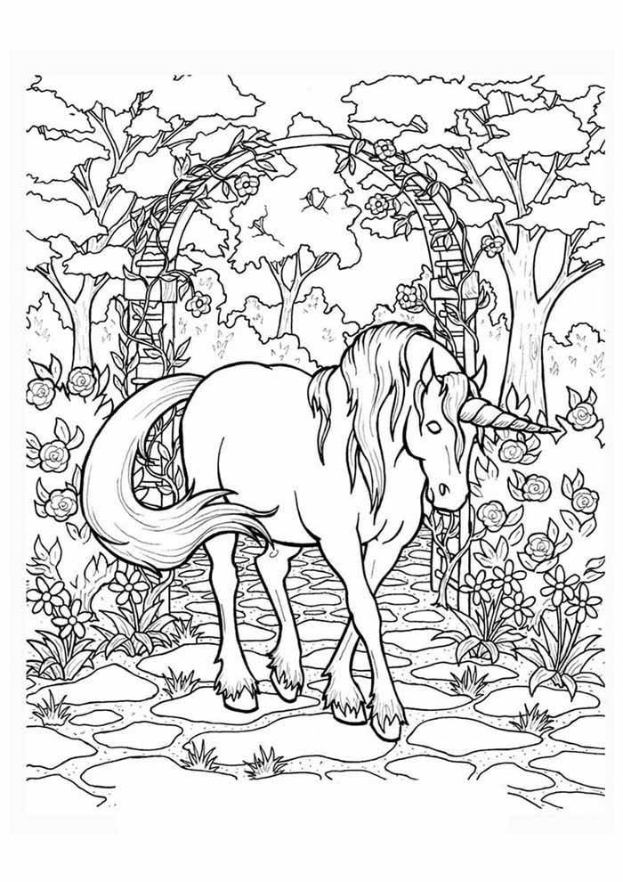 desenho de belo unicornio em jardim para imprimir e colorir gratuitamente