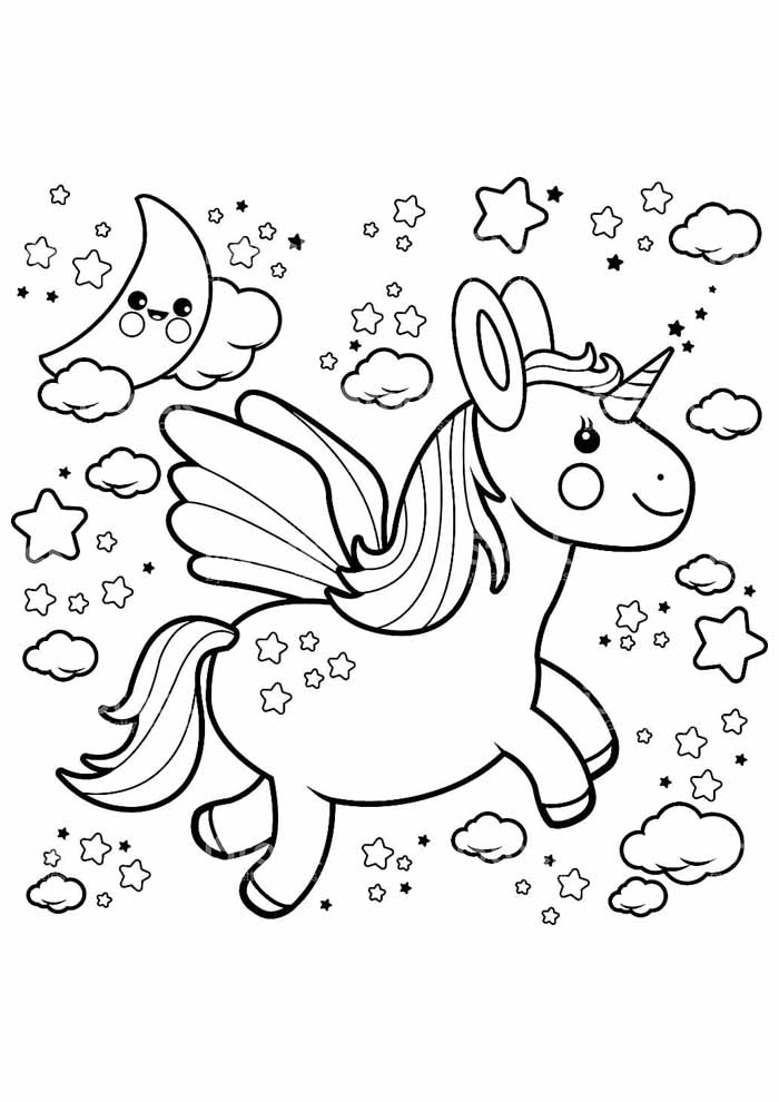 desenho de lindo unicornio com asas para colorir e pintar com giz de cera