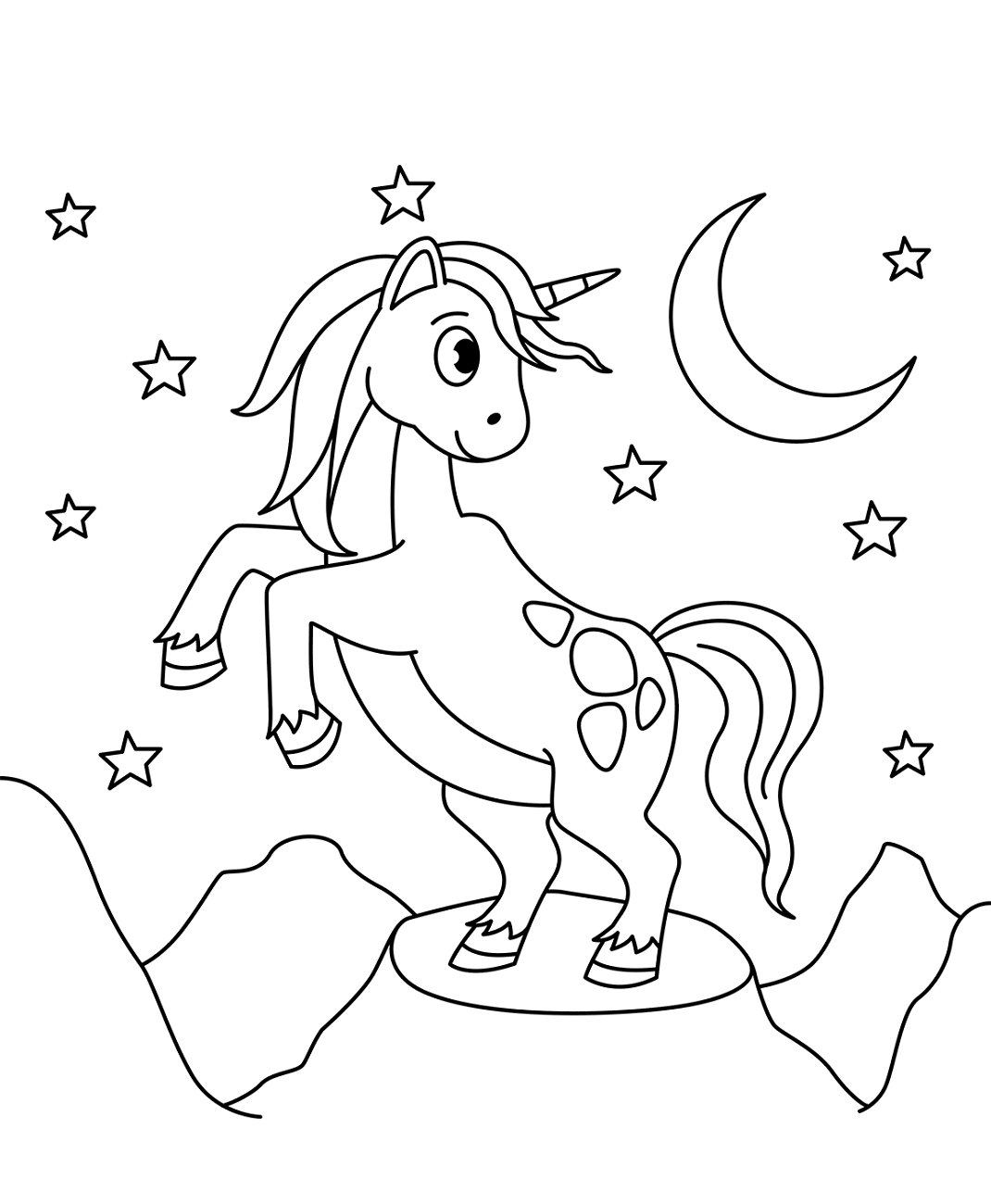 desenho de lindo unicornio na noite para colorir gratuitamente