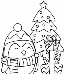 pinguim fofo com arvore de natal e presentes para colorir