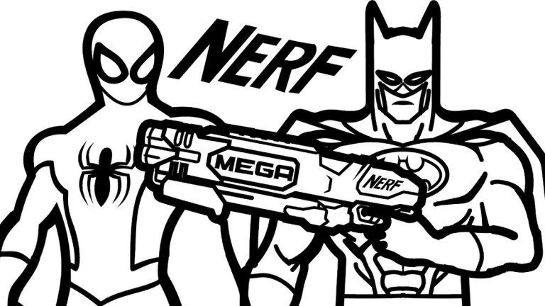 desenho de homem aranha e batman com arma nerf para imprimir e colorir