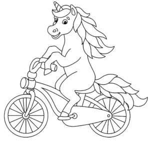 desenho de unicórnio andando de bicicleta para imprimir e colorir
