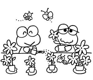 desenho de keroppi com flores para colorir