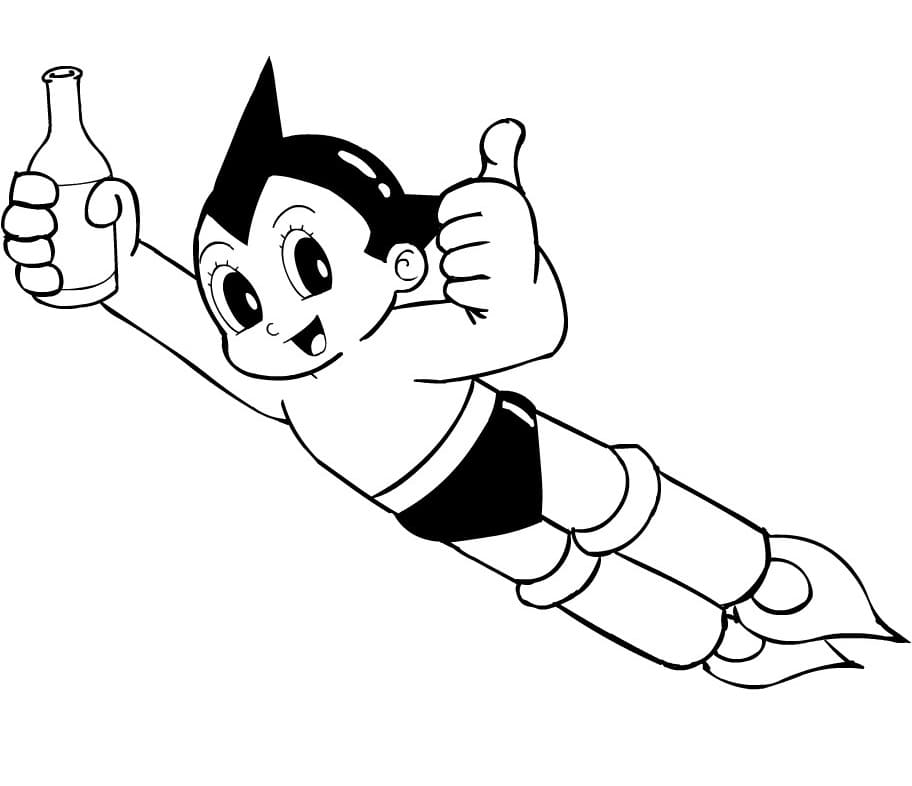 desenho do astro boy voando e bebendo refrigerante para colorir grátis