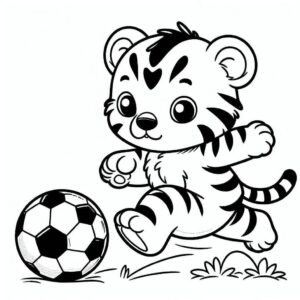 desenho de filhote de tigre jogando futebol para imprimir e colorir