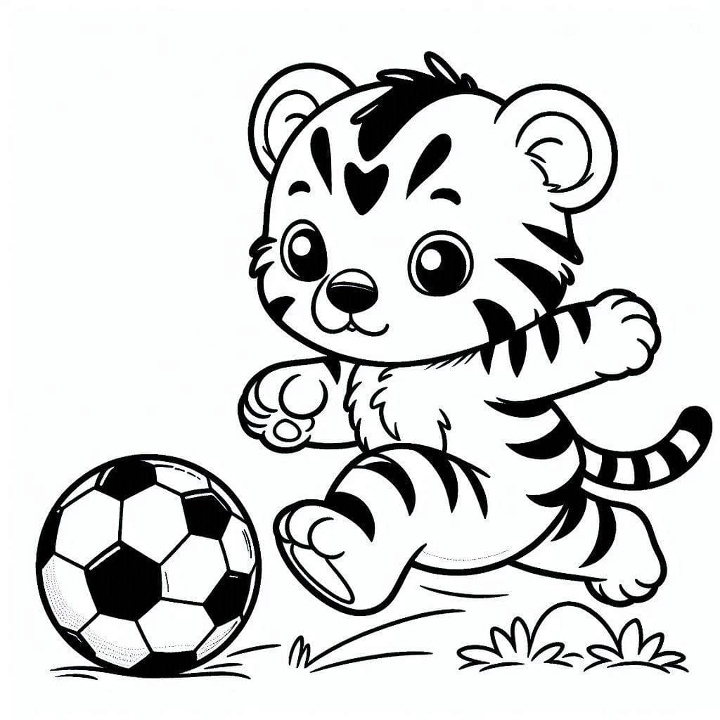 desenho de filhote de tigre jogando futebol para imprimir e colorir