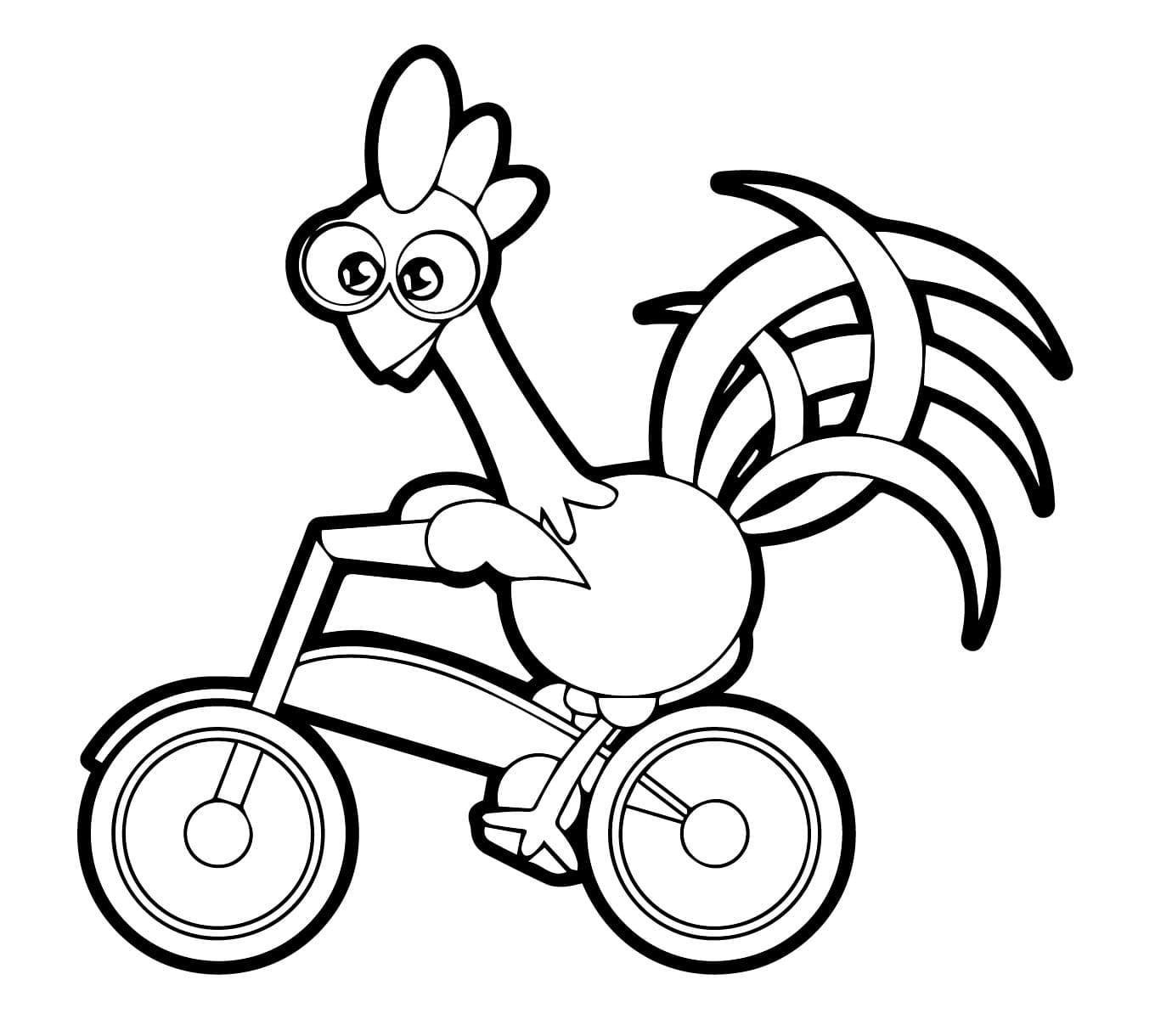 desenho de galo carijó em uma bicicleta para colorir