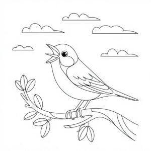 desenho de passarinho em um galho de arvore para colorir