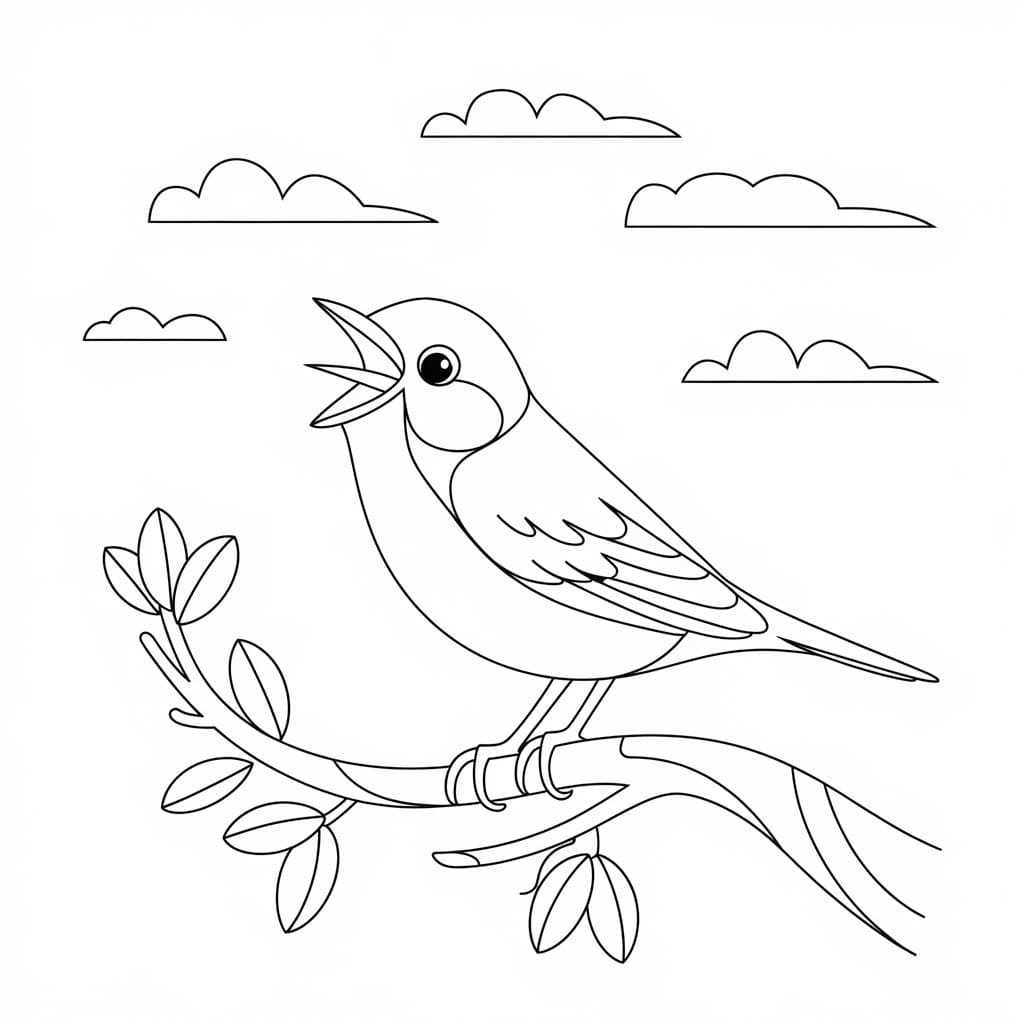 desenho de passarinho em um galho de arvore para colorir