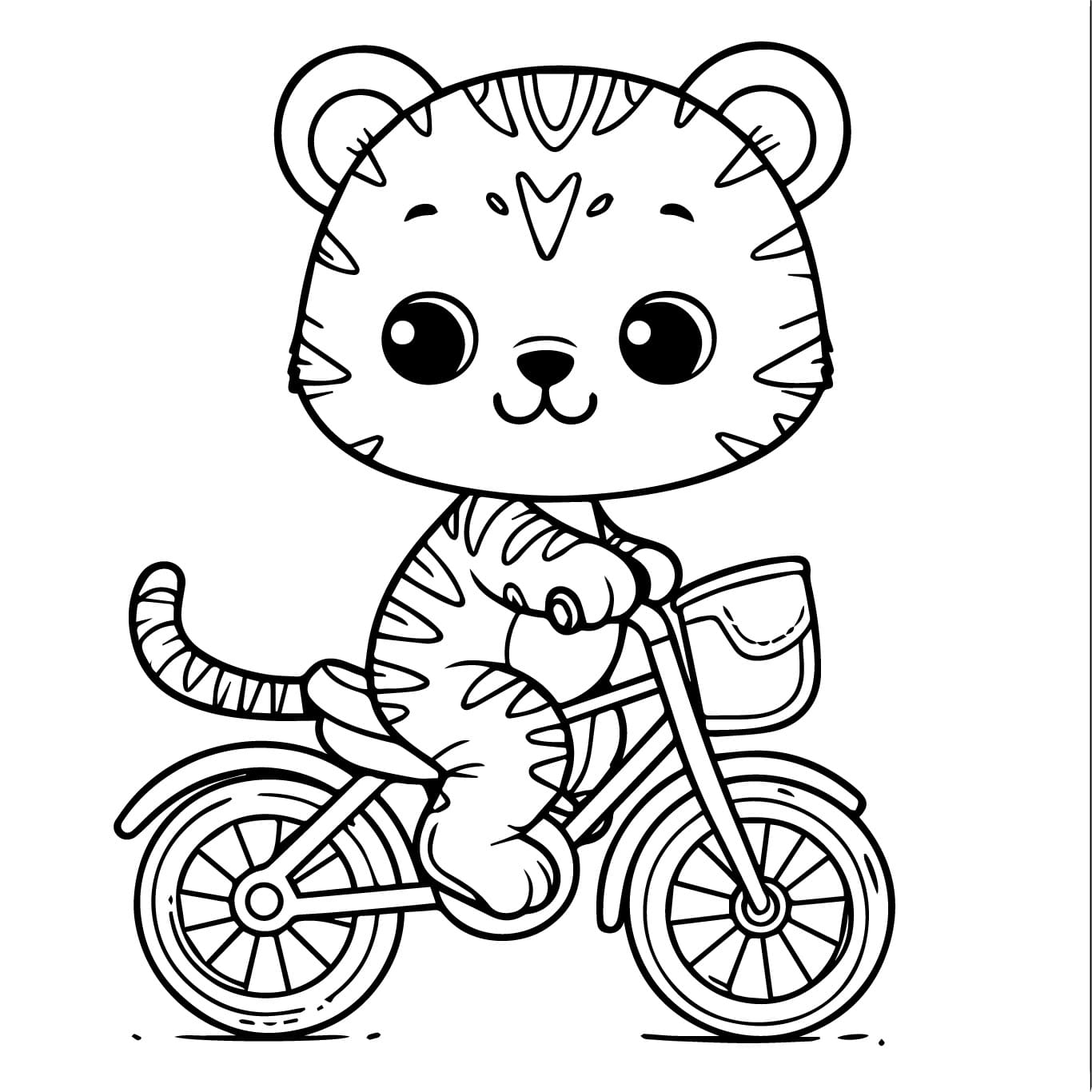 desenho de um filhote de tigre em uma bicicleta para colorir