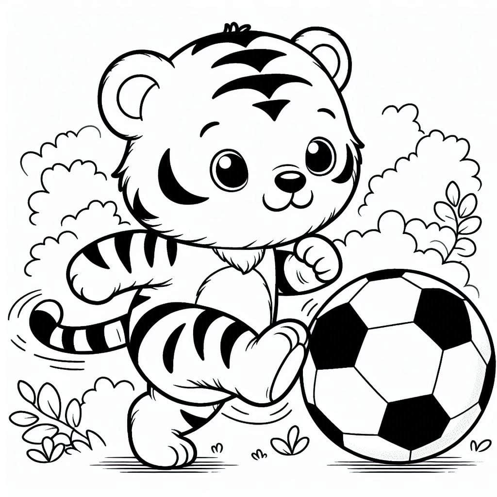 desenho de um filhote de tigre joga futebol para colorir e pintar