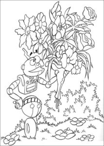 desenho de personagem de adiboo com buquê de flores para pintar