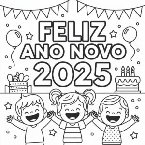 Desenho de Crianças no Ano Novo 2025 para colorir