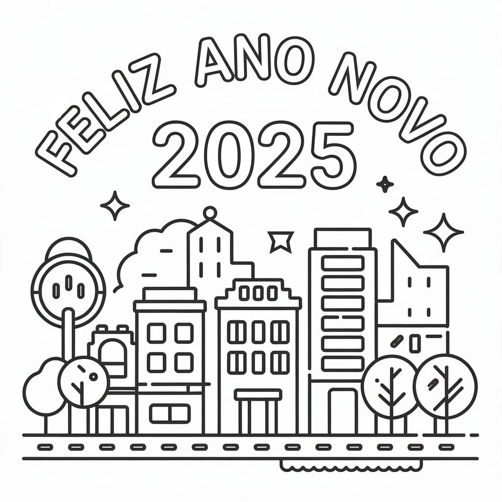 Desenho de Feliz Ano Novo 2025 Imprimível Grátis Para Crianças para colorir