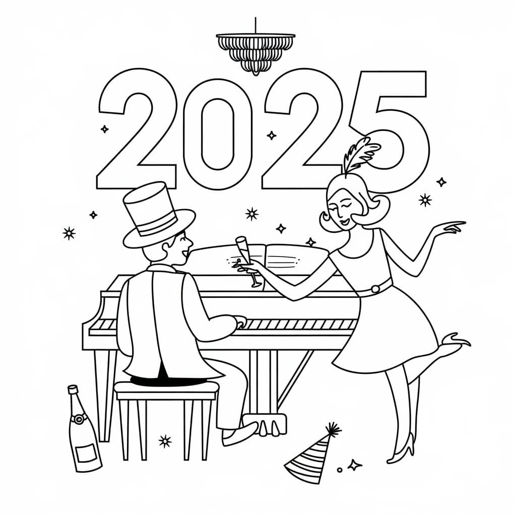 Desenho de Feliz Ano Novo 2025 Imprimível Grátis para colorir