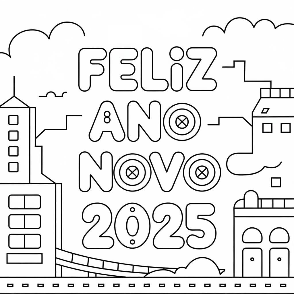 Desenho de Feliz Ano Novo 2025 Imprimível para colorir