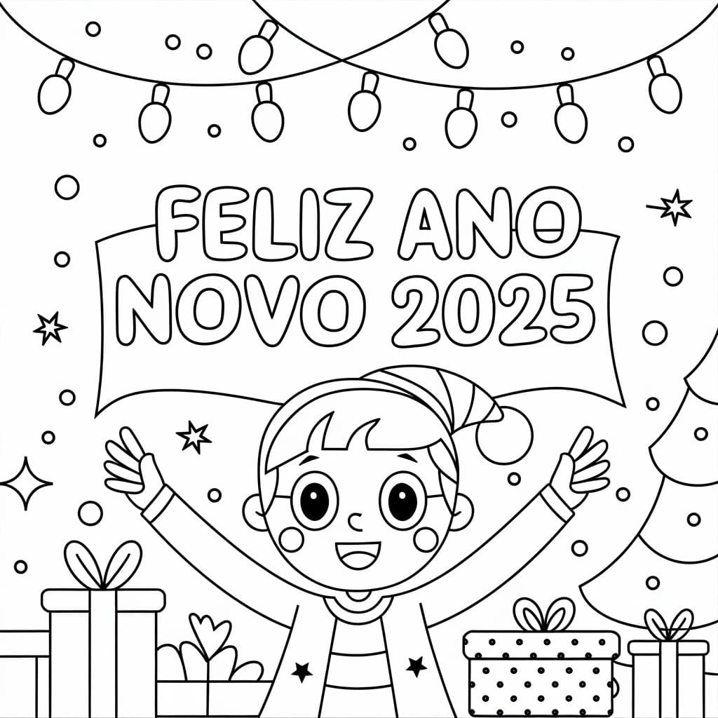 Desenho de Feliz Ano Novo 2025 com Criança para colorir e imprimir pdf