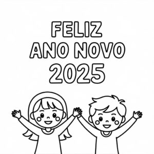 Desenho de Feliz Ano Novo 2025 com Crianças para colorir