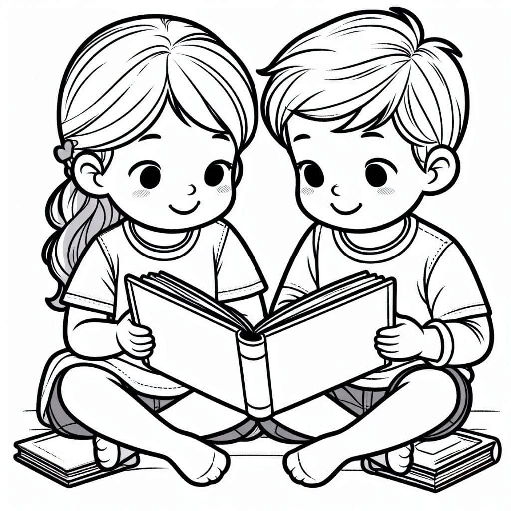 desenho de menina e menino lendo para colorir