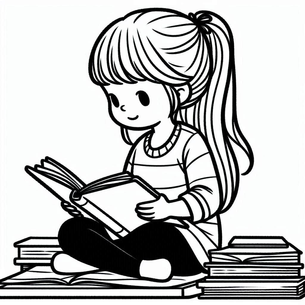 desenho de menina lendo livro para colorir