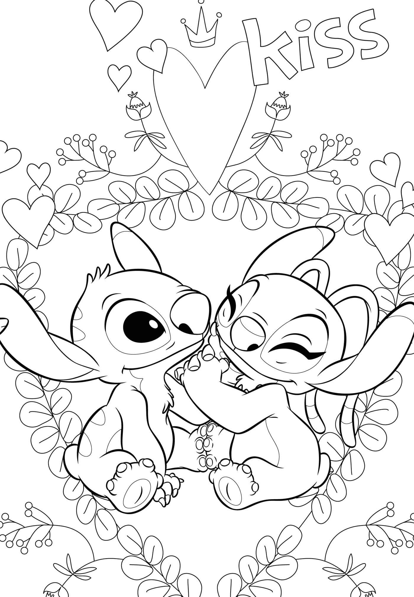 desenho de stitch e angel imprimível para colorir