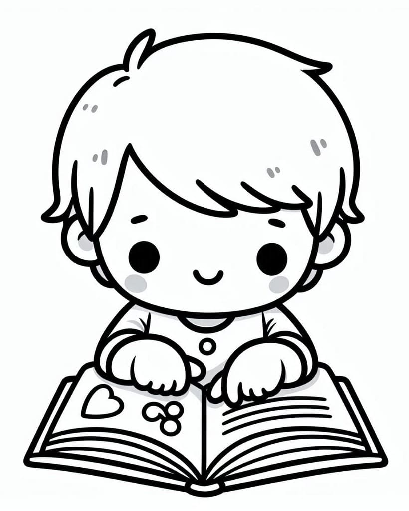 desenho de um menino bonito lendo livro infantil para imprimir em pdf