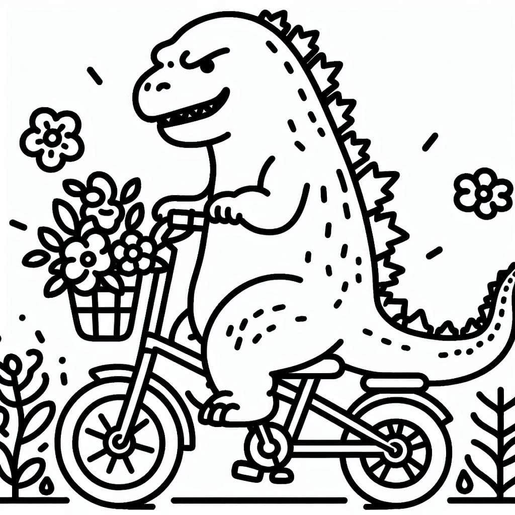 Desenho de Godzilla Fofo em uma Bicicleta para colorir