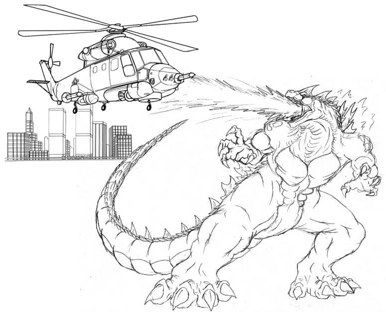 baixar desenho de godzilla atacando helicóptero para colorir em pdf