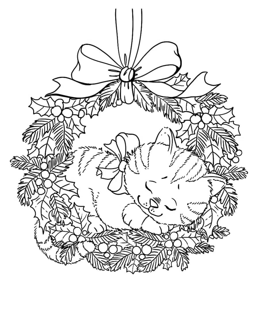 desenho de guirlanda de natal com gato para colorir