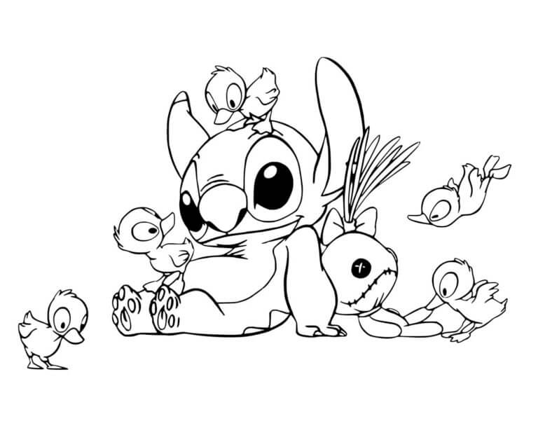 desenho do stitch brincando com patinhos para colorir