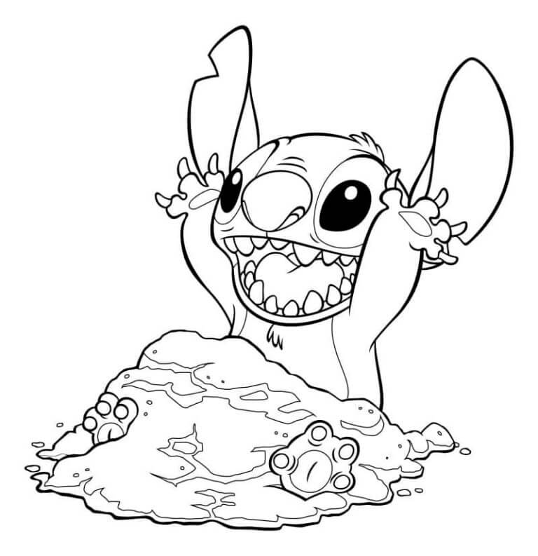 desenho do stitch brincando na areia para colorir