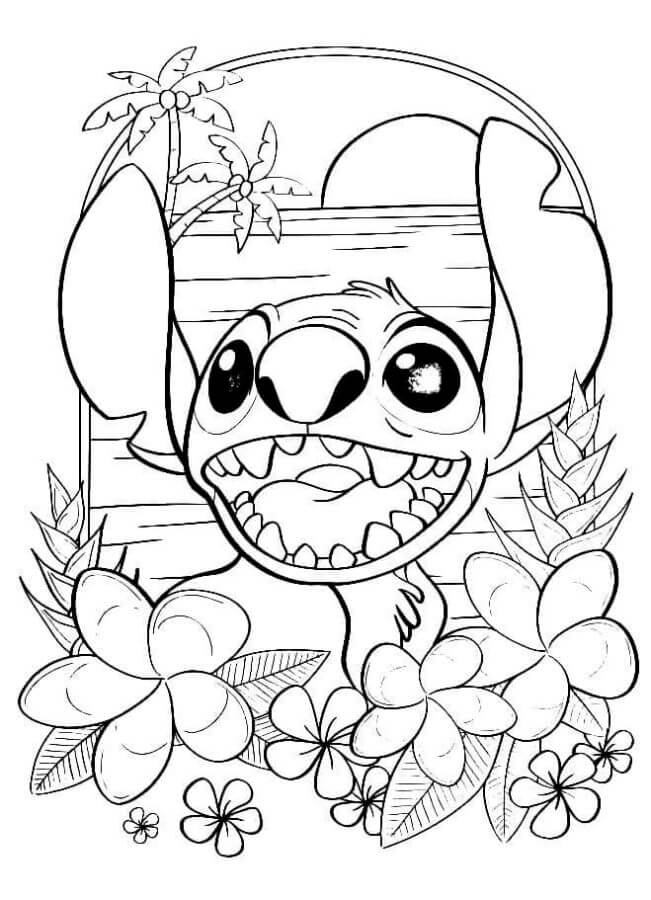 desenho do stitch por do sol com flores para colorir usando lápis de cor