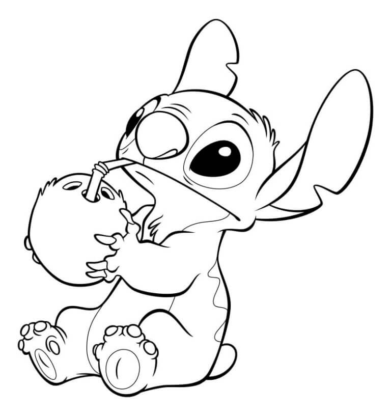 desenhos de stitch bebendo água de coco para colorir