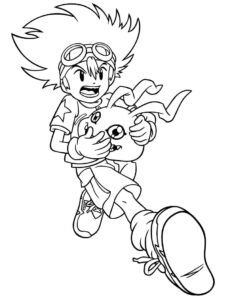 Desenho de Taichi Yagami com Koromon para colorir