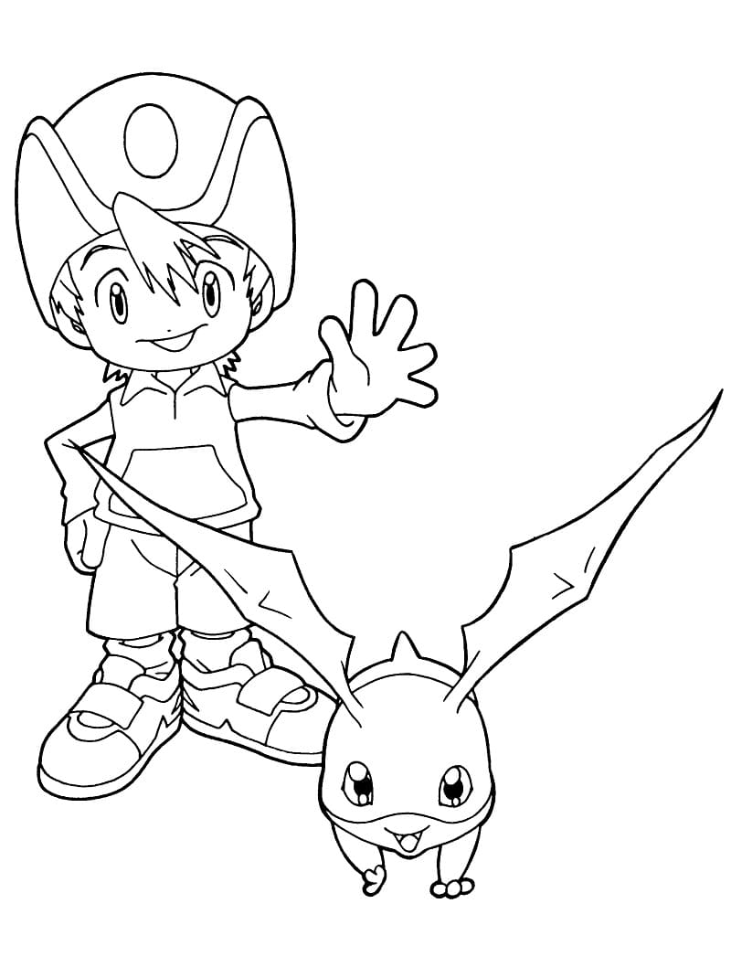 Desenho de Takeru Takaishi e Patamon para colorir