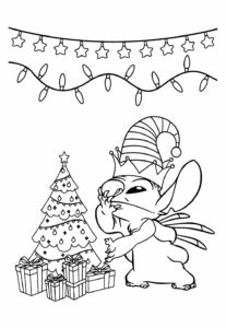 desenho de stitch arvore de natal com presentes para colorir
