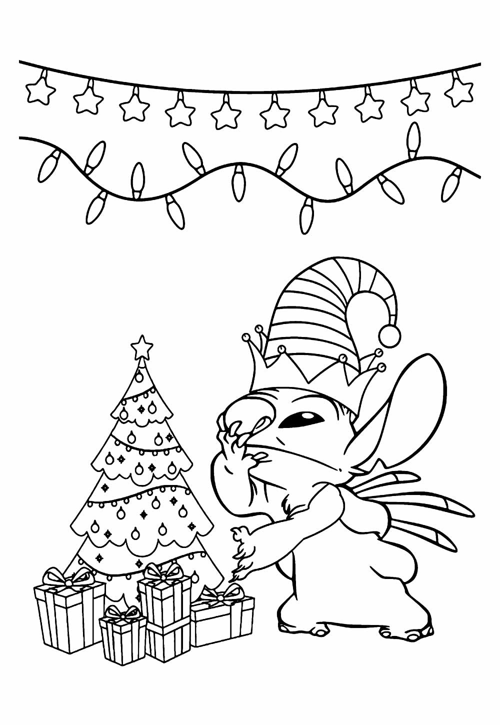 desenho de stitch arvore de natal com presentes para colorir