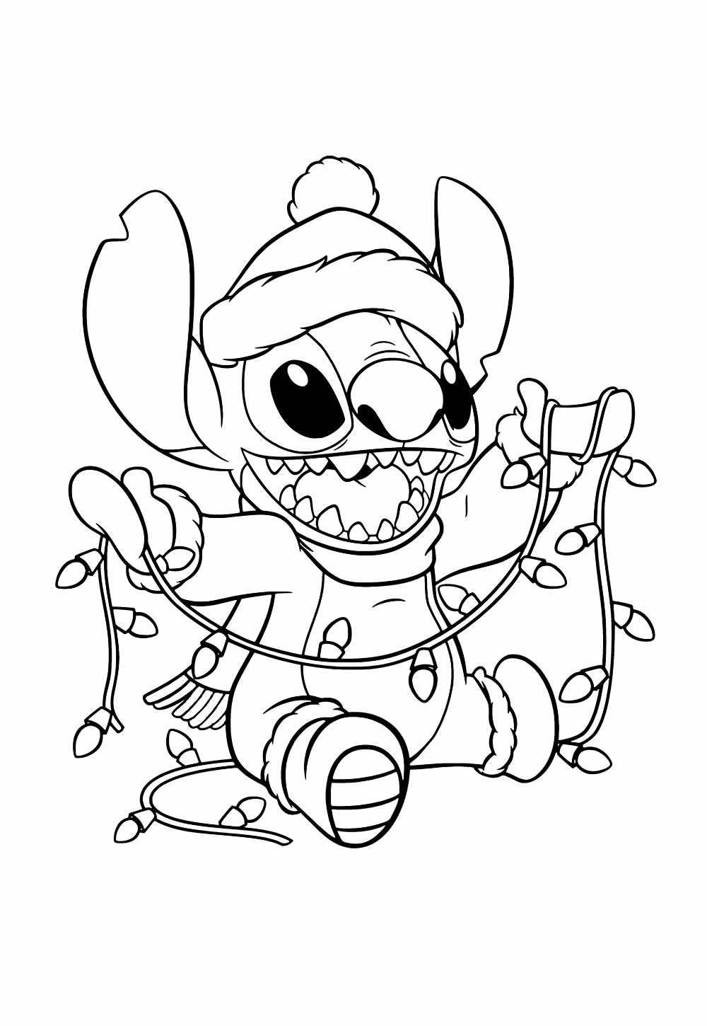 desenho de stitch com pisca pisca de natal para colorir