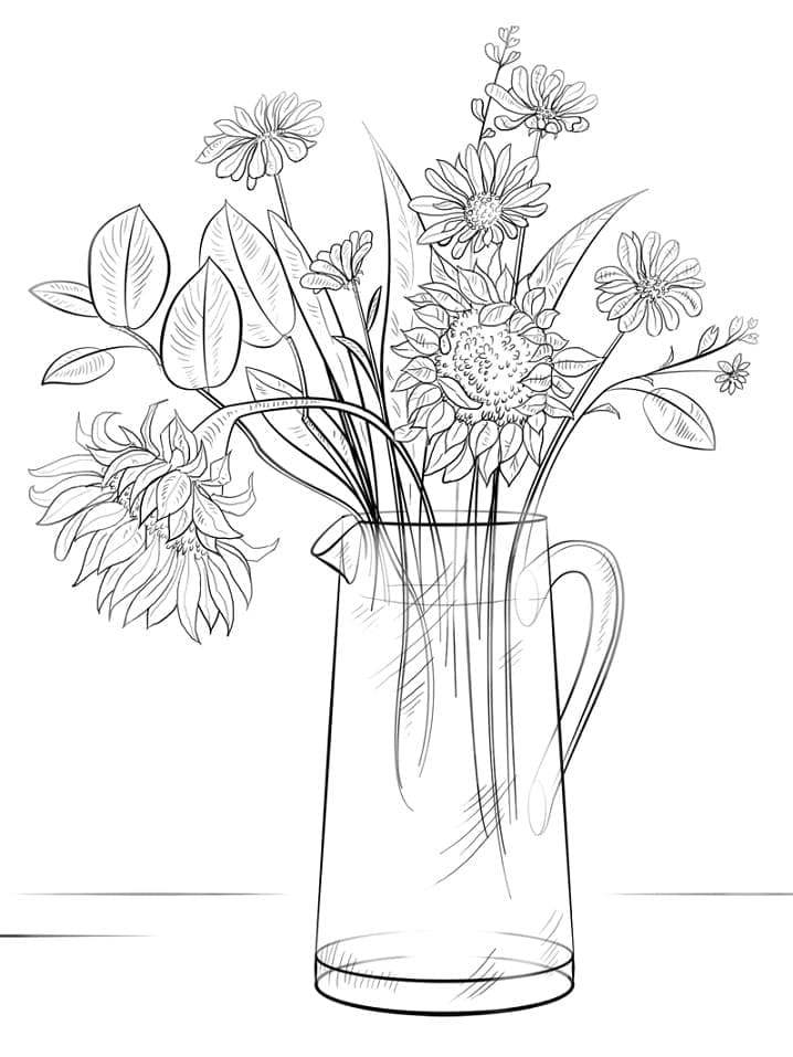desenho buquê de flores em lindo jarro para colorir