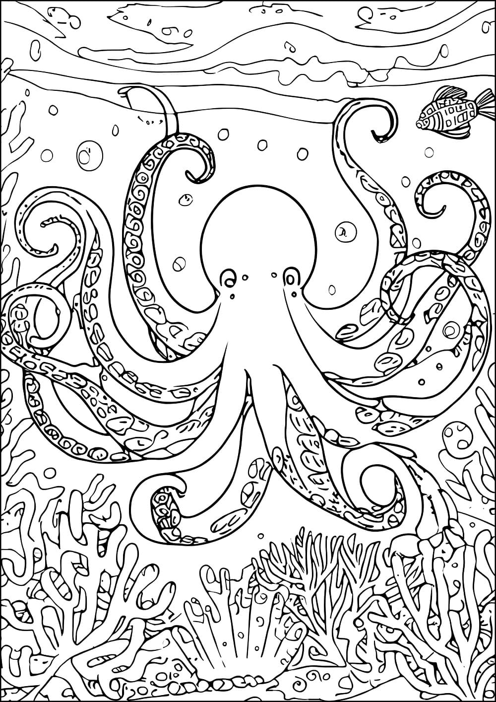 desenho de polvo sob o fundo do mar para colorir