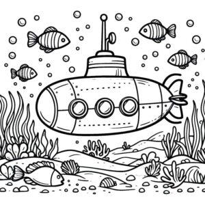 desenho de submarino sob o fundo do mar para colorir e pintar